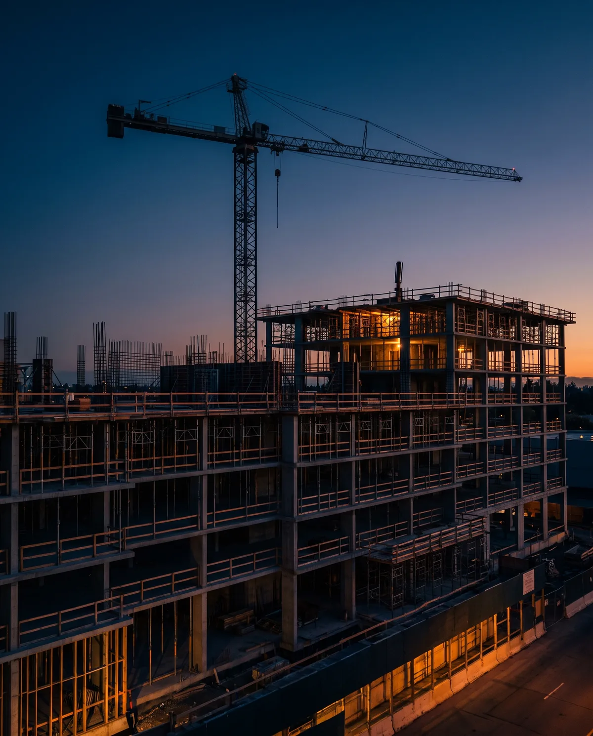 Multi-storey building under construction at dusk with tower crane