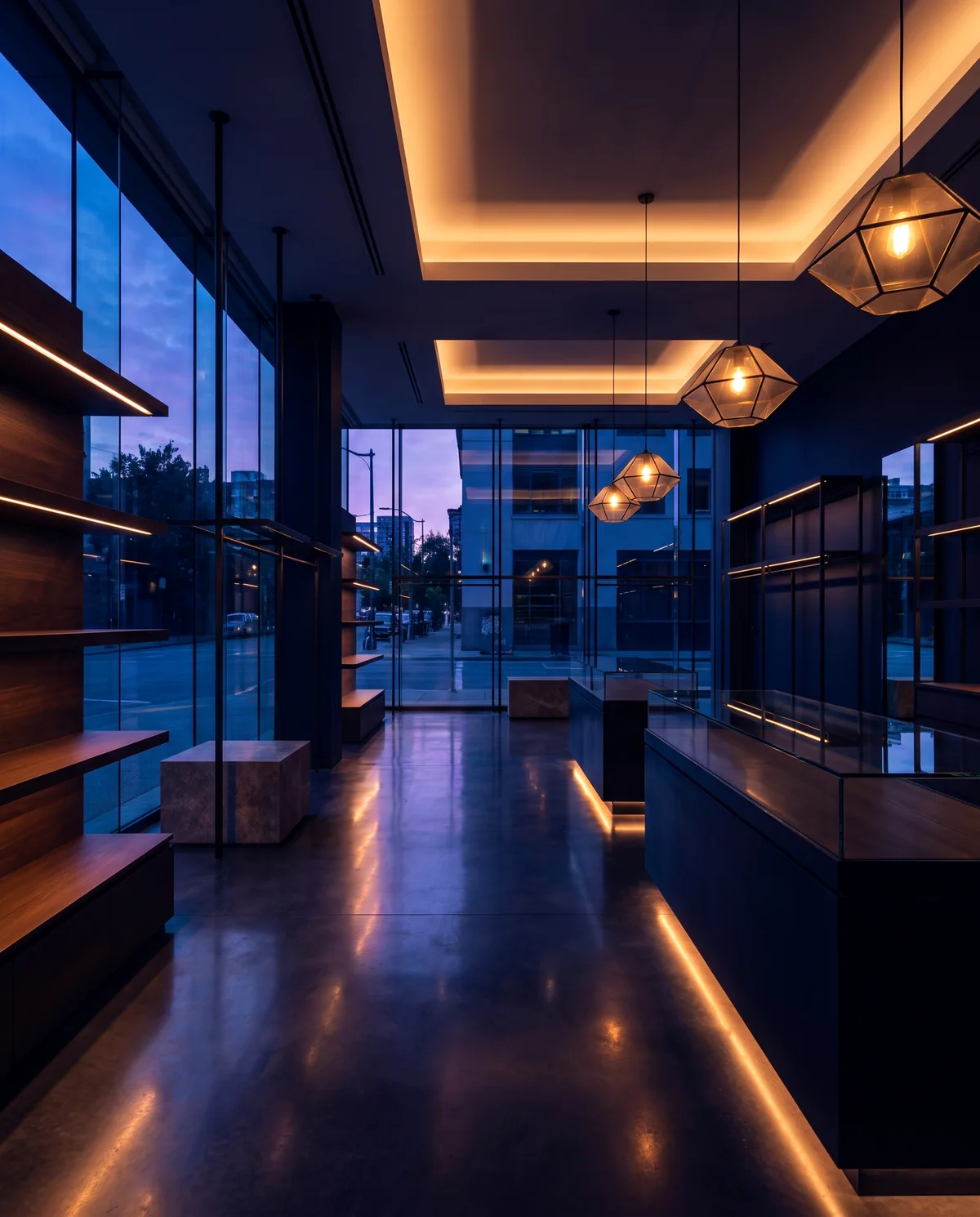 High-end retail interior with feature lighting at dusk